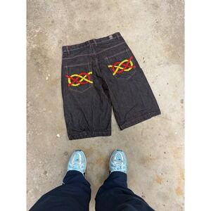 Noiz Jeans Men's‎ Embroidered Denim Shorts Black Red Yellow Size 36